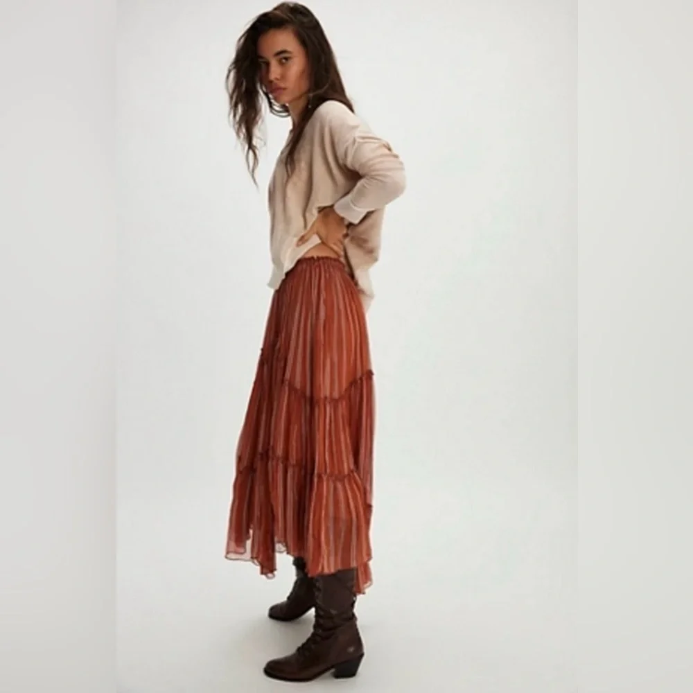 Free People One Ember Printed Flowy Midi Skirt In Terracotta Stripe - Picture 1 of 15